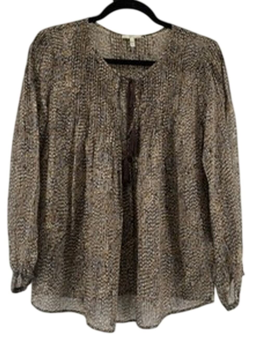 Joie Women's M 100% Silk Semi Sheer Blouse Tassel Top Long Sleeve Brown Multi